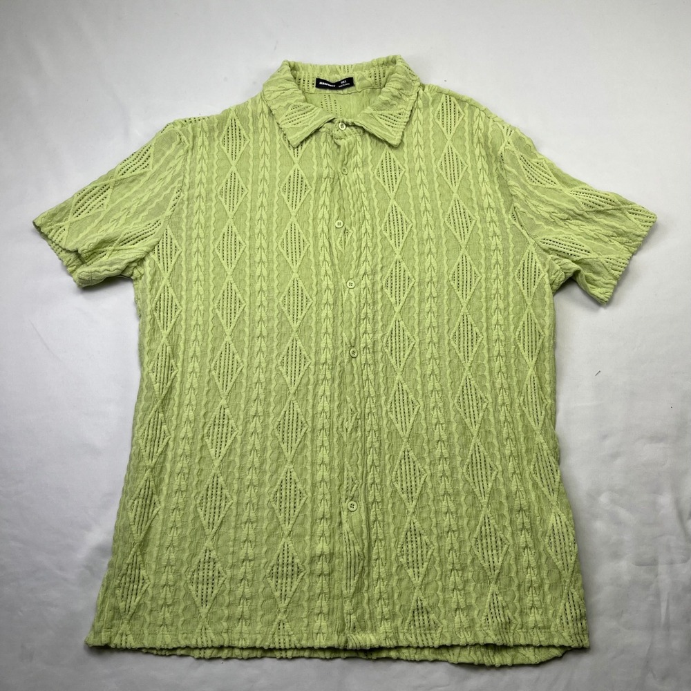 Manfinity Men Green Geometric Diamond Crochet Knit Short Sleeve Button Up Shirt